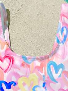 Neon Heart Print Sweet & Cute, Beach Vacation, Tween Girls Casual Minimalist Camisole & Triangle Bikini Swimsuit Set, Suitable For Summer Princess Chic, Little Stars, Tween Girl Swimwear, Vacay Romance - Multicolor - View 4