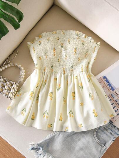 CosyJoli Plus Size Women Floral Print Ruffle Hem Tube Top, Fashionable Summer