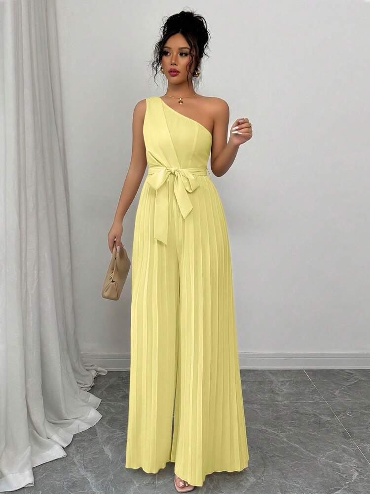Elenzga Mono elegante de unicolor con cintura fruncida para mujer - Amarillo claro - Añade 3