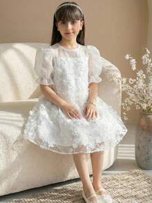 SHEIN 少女3D立体花朵圆领泡泡袖A字连衣裙，小公主裙，婚礼季礼服，花童礼服，白色连衣裙 - 白色 - 查看 3