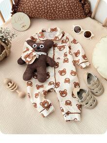 新生女宝宝休闲可爱卡通图案撞色长袖连体衣 - 卡其色 - 查看 7