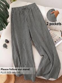CosyJoli 大码女式春夏新款条纹沙滩短裤，适合情人节等场合，通勤时尚，条纹阔腿裤带口袋。沙滩度假/大学生度假风邮轮女式夏季宽松裤/宽松裤，大码女式休闲裤。 - 黑與白 - 查看 5