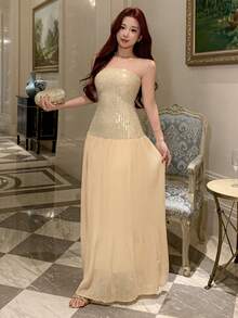 DAZY Sequin Strapless Midi Dress For Women Sparkly Dress Sundress - Silver - View 5