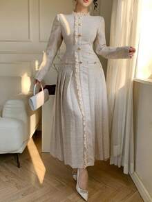 DAZY Elegant Women's Mid-Length Dress With High Collar And Ruffle Hem Waist Decor Wedding Guest Dress - Apricot - View 5