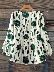 Linhara 大码女式休闲印花圆领长袖衬衫，蓝白印花衬衫，秋季服装，乡村音乐节衬衫，女士秋季衬衫，户外服装，2025新款印花衬衫，复古女式上衣，灯笼袖女式衬衫，长袖女式衬衫，女式衬衫 - 墨綠色 - 查看 2