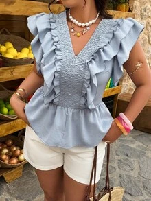 Weeklong 大码女式荷叶边下摆甜美风衬衫，春夏款 - 霧霾藍 - 查看 1