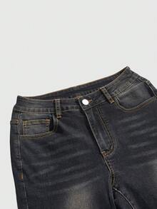 ROMWE Grunge Punk Quần jeans ống loe phong cách punk cổ điển dành cho nữ, cạp chun điều chỉnh được, kiểu dáng bạc màu. - màu đen - Xem 3