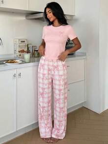 Elladie kids Bộ 2 món/Bộ đồ ngủ in họa tiết nơ và quần short kẻ sọc cho bé gái tuổi teen, vải dệt kim mềm mại, thoải mái, phong cách ngọt ngào và thanh lịch - Hồng - Xem 8