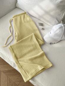 Elamini 2026 Summer New Women's Retro Textured Relaxed Low-Waist Casual Pants, Slimming Versatile Flowy Straight Leg Trousers In Yellow, Suitable For Vacation Outfits - Yellow - View 3