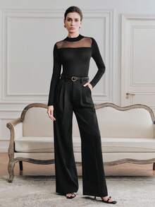 Anewsta Women's Mesh Beaded Long Sleeve Slim Fit Blouse T-Shirt - Black - View 7