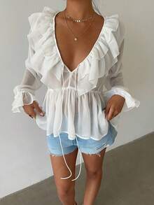 Aloruh Women's Elegant Romantic Sexy Fashionable Vacation/Date White Sheer Ruffled Chiffon Blouse, Spring/Summer - White - View 3