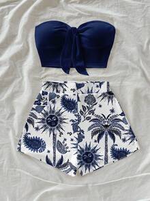 Soleia Ensemble 2 pièces imprimé cocotier et fleur de cajou pour femmes grandes tailles, idéal pour les vacances, l'été, chic - Bleu marine - Voir 4