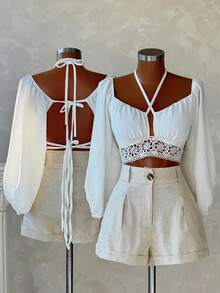 Franclia Summer Vacation Bubble Long Sleeve Sexy V-Neck Tie-Up Floral Hem Cropped Women's Shirt, Backless Criss-Cross Strap, White Blouse, Women Beach Outfit - White - View 1