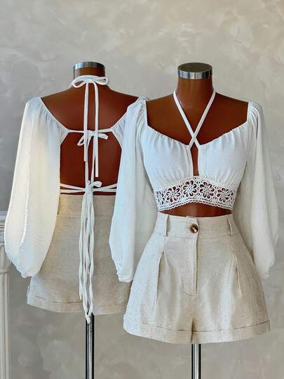 Franclia Summer Vacation Bubble Long Sleeve Sexy V-Neck Tie-Up Floral Hem Cropped Women's Shirt, Backless Criss-Cross Strap, White Blouse, Women Beach Outfit