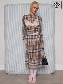 COUREZ 低腰网纱格纹中长裙/Y2K风格春季女装，可爱性感外出裙两件套，约会之夜情人节穿搭 - 彩色 - 查看 1