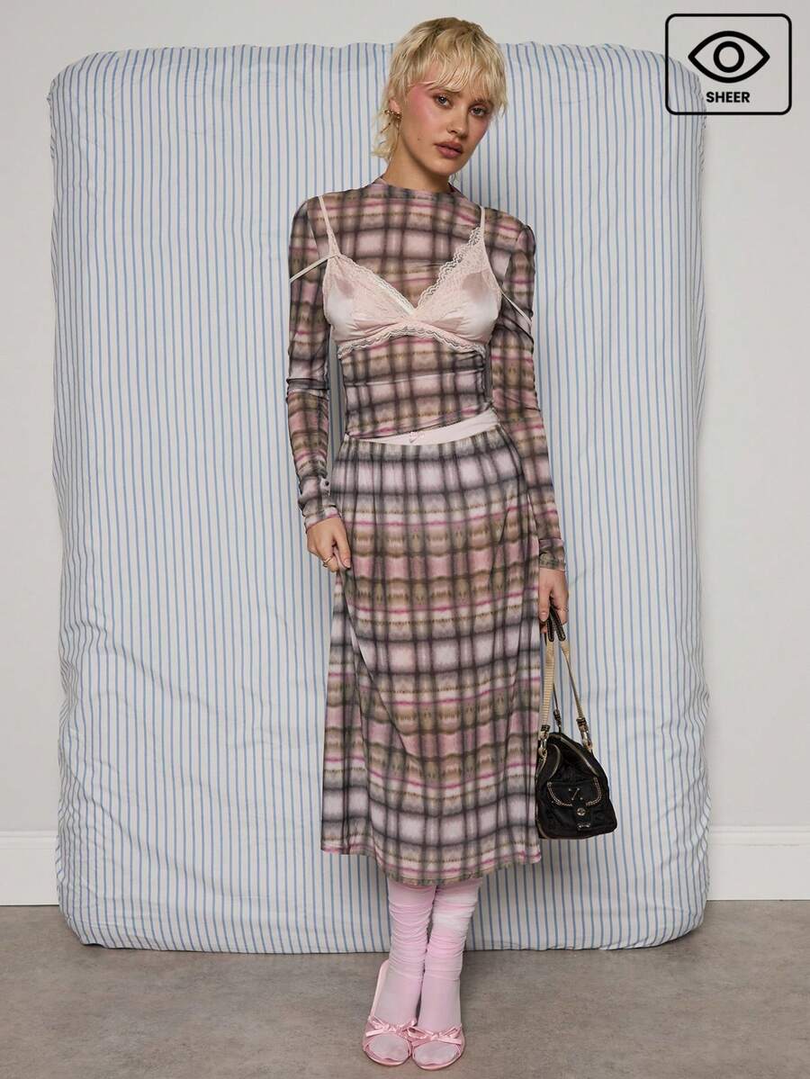 COUREZ 低腰网纱格纹中长裙/Y2K风格春季女装，可爱性感外出裙两件套，约会之夜情人节穿搭 - 彩色 - 查看 1