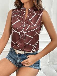 SHEIN Essnce Women's Geometric Print V-Neck Sleeveless Casual Shirt - Brown - View 7