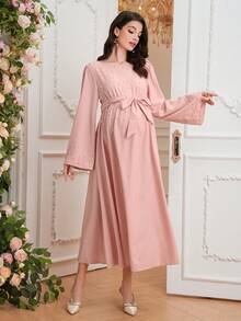 SHEIN 纯色长款休闲宽松串珠孕妇连衣裙 - 粉色 - 查看 5