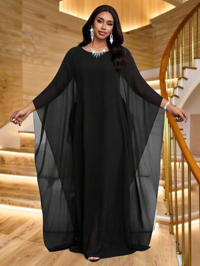 SHEIN Lady Plus Size Elegant Contrast Mesh Round Neck Loose Dress, Autumn