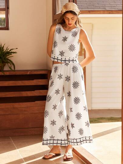 2pcs Bohemian Print Camisole Top And Straight Leg Pants Pajama Set For Women Co Ord Set Women Summer Lounge Sets For Women Two Piece Set Women Summer