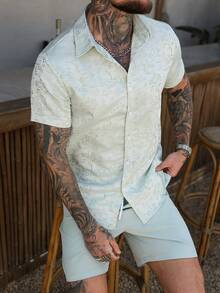 Manfinity RSRT 2pcs Men's Pagoda Print Short Sleeve Shirt Set, Summer - Mint Green - View 3