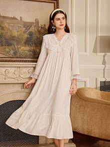 PalaceNights Embroidered Ruffle V-Neck Long Sleeve Loose Women Nightgown - Beige - View 4