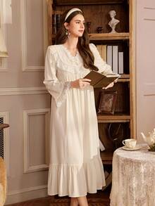 PalaceNights Embroidered Ruffle V-Neck Long Sleeve Loose Women Nightgown - Beige - View 6