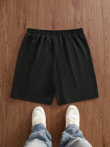 SWAVVY 抽绳腰带休闲拼接斜插口袋针织短裤 - 黑色 - 查看 7