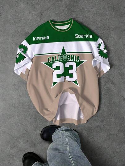 Tween Boy Casual Minimalist, Fashionable Classic, Y2K, English Letter, Star, Style, Number 23, Sporty, Color Block Round Neck Short Sleeve T-Shirt