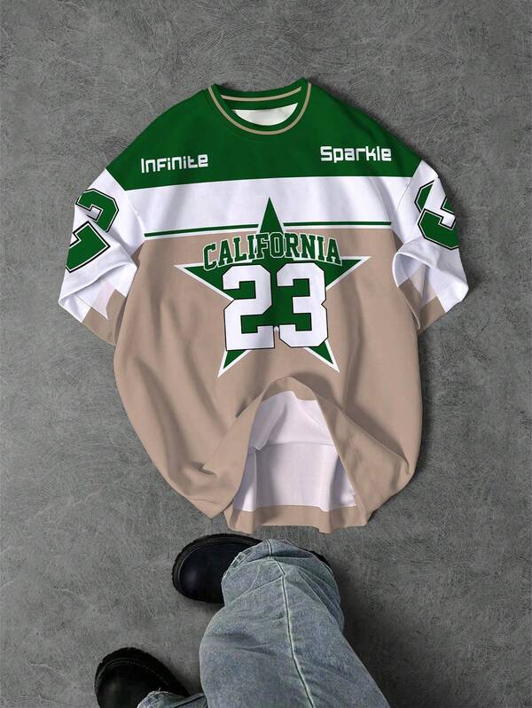 Camiseta de manga corta con cuello redondo, estilo minimalista casual, clásico de moda, Y2K, con letras inglesas, estrellas, número 23, deportivo, y bloques de color para niño preadolescente