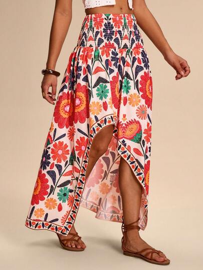 Breezaya Women's Printed Asymmetrical Hem Midi Skirt, Sexy Beach Vacation Style, Vacation Beach Dress, Vacation Outfits For Women, Beach, Summer Outfits, Holiday.
