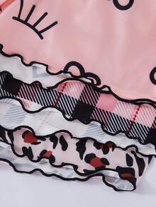 SHEIN 6pcs Girls Leopard Lip Print Top, Avocado Print Pants, Cartoon Bear Print Shorts Set, Casual Pajamas - Black - View 6