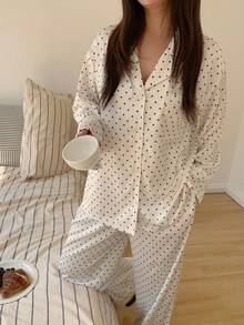 Dazy Plus Conjunto de pijama de pantalón y blusa de manga larga con botones y estampado de lunares para mujer de talla grande - Blanco - Ver 8