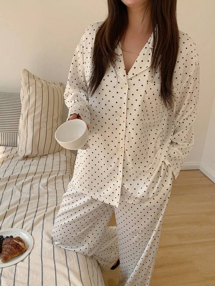 Dazy Plus Plus Size Women Polka Dot Long Sleeve Button-Up Top And Pants Pajama Set
