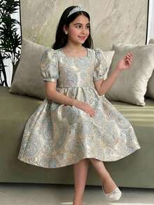 SHEIN 少女优雅方领泡泡袖提花A字连衣裙，腰果佩斯利花纹，适合春夏家庭度假、节日派对等场合 - 藍色 - 查看 4