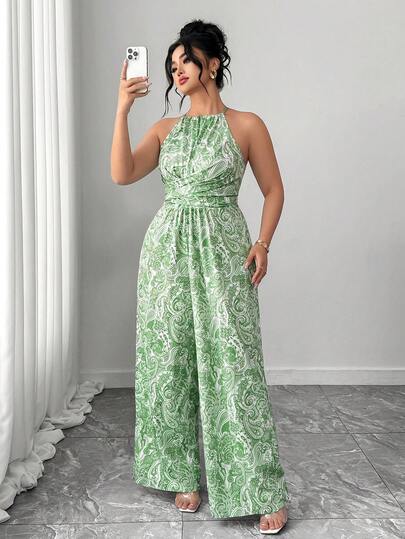 Elenzga Elegancki damski kombinezon w dużym rozmiarze, swobodny, na wakacje, z odkrytymi plecami i krzyżowym wiązaniem w talii, z długim rękawem i nadrukiem w kwiaty, w kolorze zielonym