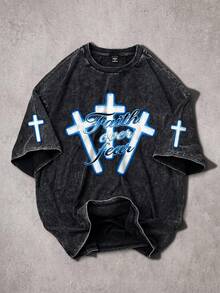 GENIUS ODE Men's Cross & Letter Print Round Neck Casual Short Sleeve T-Shirt - Black - View 1