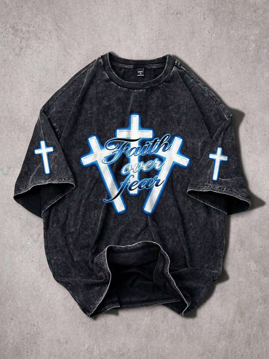 GENIUS ODE Men's Cross & Letter Print Round Neck Casual Short Sleeve T-Shirt - Black - View 1