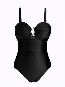 Swim Oasis 大码女式绿色提花面料休闲度假吊带低领连体泳衣配沙滩罩衫两件套泳装 - 黑色 - 查看 3