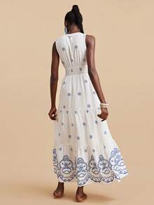 Travachic 女士碎花收腰连衣裙，波西米亚风，西式风格，夏季度假，适合假日、约会、下午茶、音乐节等场合，波西米亚风夏季连衣裙，女士海滩度假装扮，夏季服装，优雅女士连衣裙 - 藍白色 - 查看 2