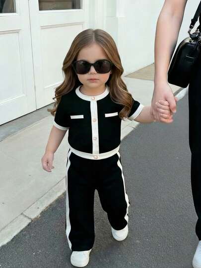 LMoss Kids Baby Girl Round Neck Faux Pearl Single-Breasted Short Sleeve T-Shirt And Elastic Waist Wide Leg Pants Casual Daily Outfit