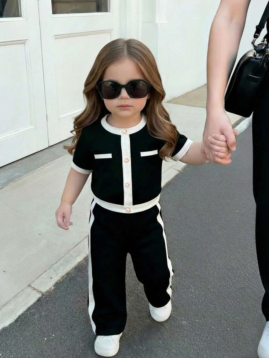 LMoss Kids 女婴圆领仿珍珠单排扣短袖T恤搭配松紧腰阔腿裤，休闲日常穿搭 - 彩色 - 查看 1