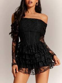 Radiana Women's Sexy, Elegant, Romantic & Cute Black Lace Jumpsuit - Off-Shoulder, Long Sleeve, Bodycon, Waist-Cinching Jumpsuit. Suitable For Dates, Parties, Birthdays, Cocktail Events, Nightclubs, Weddings, Concerts, Festivals, Holidays, Beach Vacations, Early Spring Wear, Garden Tea - Black - View 4