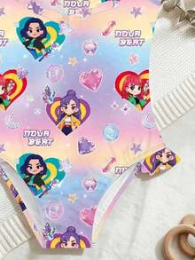 Sparklyn Young Girl Gradient Color Heart & Letter Print Cartoon Character Beach Vacation One-Piece Swimsuit, Summer - Purple - View 5