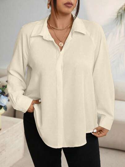 EMERY ROSE Blusa holgada de manga larga con cuello raglan de unicolor simple para uso diario y casual para mujer talla grande, primavera/otoño