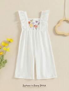 Cozy Pixies 女婴/幼儿碎花荷叶领无袖连体衣，休闲可爱乡村风时尚连体裤，适合日常、户外活动、假日、派对等场合穿着。 - 米色 - 查看 4