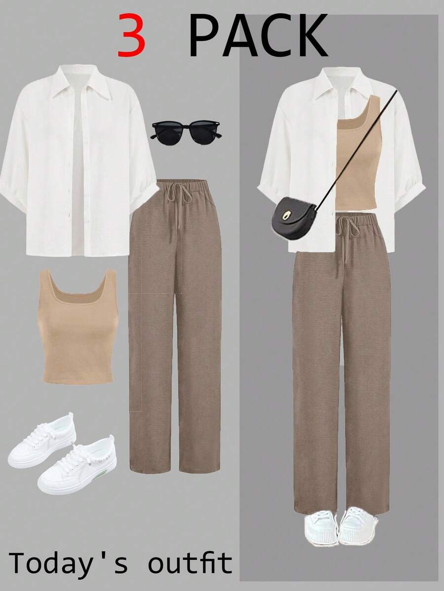 SHEIN LUNE Bộ đồ vest gió thanh lịch 3 món Maillard đen trắng cho nữ 2024 mới, thời trang và thon gọn, mùa thu - Nhiều màu - Xem 1