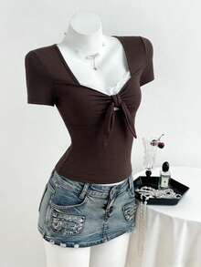 Sweetra Bohemian Style Brown Sweet Collar Ruffle Tie Front Short Sleeve Casual Retro T-Shirt For Women, Spring/Summer - Brown - View 3