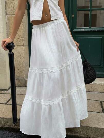 Cévolie Women's Solid Color Elastic Waist Casual Lace Long Skirt, Summer