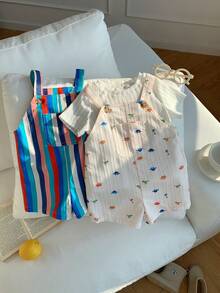 SHEIN 2pcs/Set Newborn Baby Unisex Casual Cute Striped Strap Romper 2-Piece Outfit, Summer - Multicolor - View 8